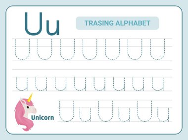 Alfabe izleme uygulaması Harf U. İzleme alıştırması. Alfabe aktivite sayfası öğreniliyor. Yazdırılabilir şablon. Büyük ve küçük çaplı ABC iz sürme alıştırması. İngilizce el yazısı öğreniliyor