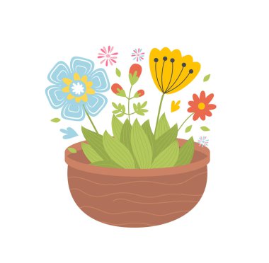 Saksıda Bahar Çiçekleri, Beyaz Arkaplanda İzole Edilmiş, Vektör Resimleri