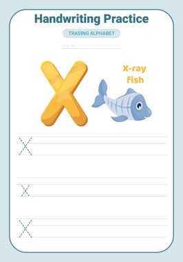 Alfabe izleme alıştırması Harf X. İz sürme alıştırması. Alfabe aktivite sayfası öğreniliyor. Yazdırılabilir şablon. Büyük ve küçük çaplı ABC iz sürme alıştırması. İngilizce el yazısı öğreniliyor