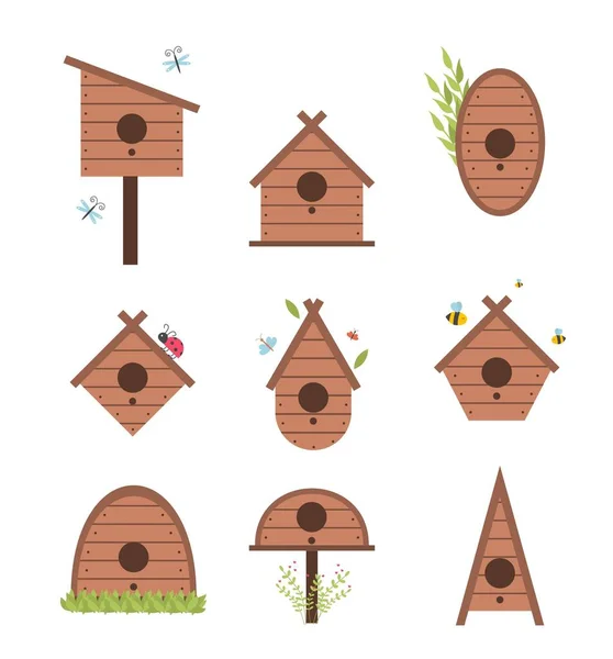 Spring Vector Card Wooden Birdhouse Isolated White Background Bird Box — Stock Vector