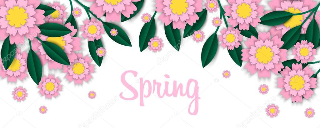 Spring banner with paper flowers. Blossom frame greeting card.