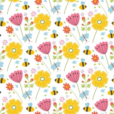 Paskalya baharı, sevimli hayvanlar, kuşlar, arılar ve kelebeklerle kusursuz desen. El çizimi düz çizgi film elemanları. Bahar tatili kar damlaları dekorasyonunun vektör illüstrasyonu.