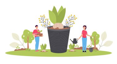 Yeniden ağaçlandırma konsepti. Bahar Ormanı Restorasyonu, yeniden ağaçlandırma, çevre günü. Karakterlerin filizlenme bahçesi. Gönüllü bahçıvanlık fabrikası. Çevresel tarım dünya ekolojisini kurtardı.