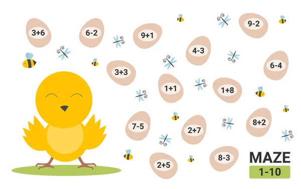 Maze Játék Gyerekeknek Oktatási Gyerekek Matek Labirintus Tevékenység Matematikai Munkalap — Stock Vector