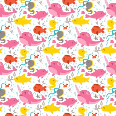 Deniz hayvanlarının elleri pürüzsüz desen çiziyor. Deniz hayatı. Okyanus yaban hayatı. Kızlar ve oğlanlar için şirin okyanus yaratıkları. Yaz bebek partisi ve doğum günü tasarımları.