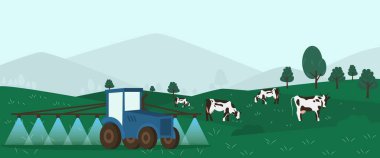 Tarım çiftliği afişi. Yay vektör illüstrasyonunda traktör yetiştirme alanı. Hasat konseptini birleştirin, tarım traktör makinelerini sulayın. Kırsal tarım arazisi. Çiftçi çalışma mevsimi.