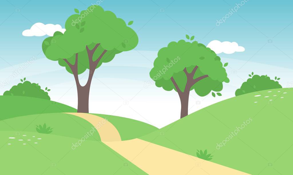 Spring landscape in countryside with green meadow on hills and blue sky, Vector cartoon Summer or Spring landscape, Panoramic grass field and wildflower, Holiday natural background