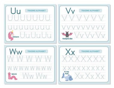 Alphabet tracing practice Letter U, V, W, X. Tracing practice worksheet. Learning alphabet activity page. Printable template. Uppercase lowercase trace practice worksheet. Learning English handwriting clipart