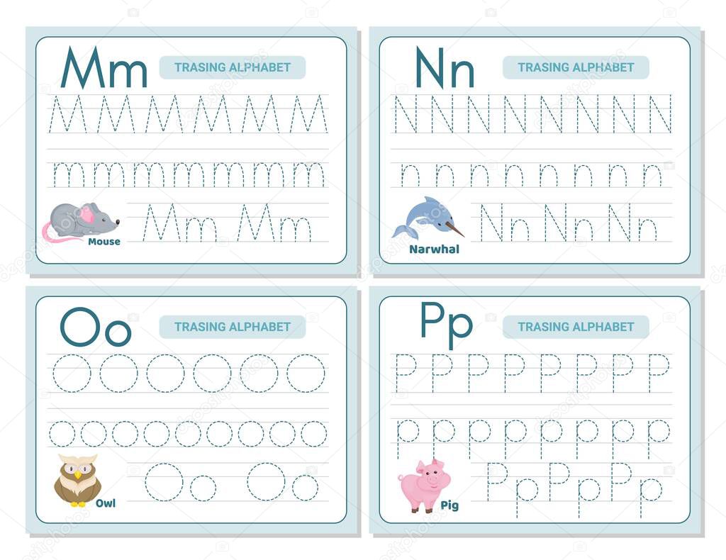 Alphabet tracing practice Letter M, N, N, O. Tracing practice worksheet. Learning alphabet activity page. Printable template. Uppercase lowercase trace practice worksheet. Learning English handwriting