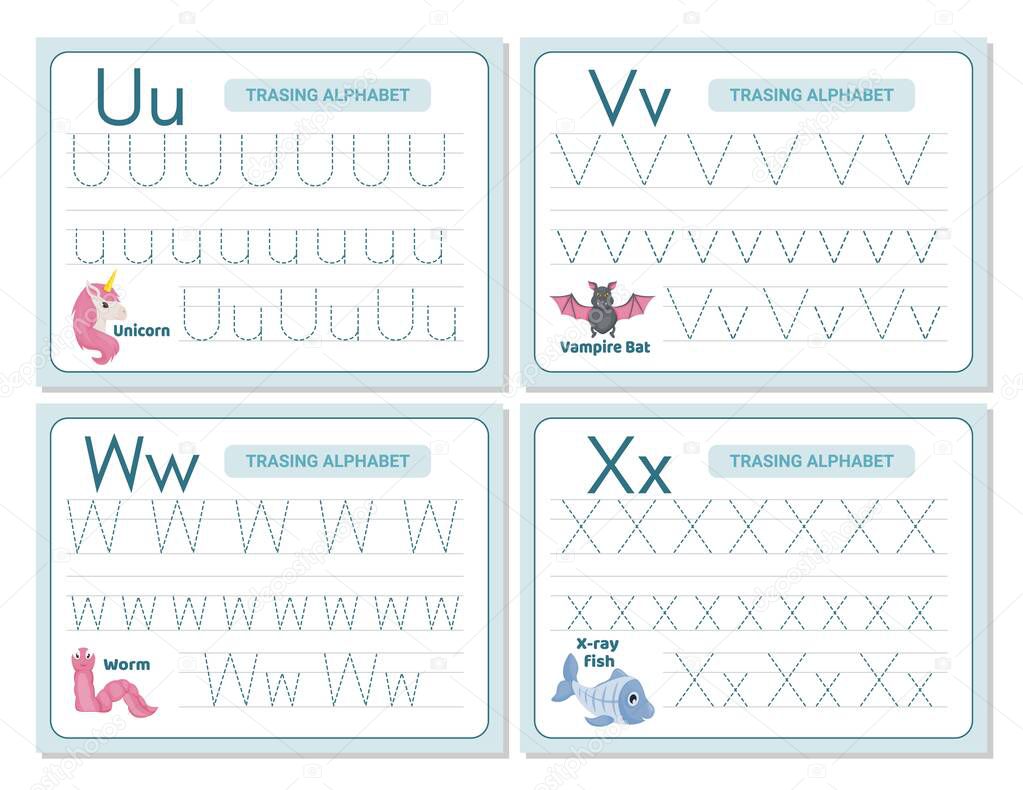 Alphabet tracing practice Letter U, V, W, X. Tracing practice worksheet. Learning alphabet activity page. Printable template. Uppercase lowercase trace practice worksheet. Learning English handwriting