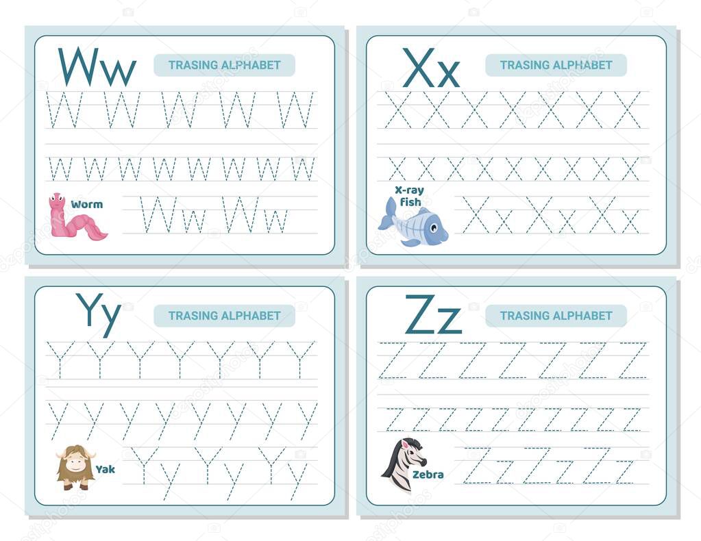 Alphabet tracing practice Letter W, X, Y, Z. Tracing practice worksheet. Learning alphabet activity page. Printable template. Uppercase lowercase trace practice worksheet. Learning English handwriting