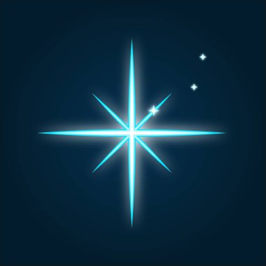 Mavi soyut neon yıldız şekli. Parlak vintage veya fütüristik çerçeve. Reklam veya diğer tasarım projeleri için basit bir elektrik sembolü. Vektör illüstrasyonu.