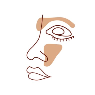 Devamlı çizgi, kadın yüzü çizimi, tek çizgi çizimi. Boho vektör çizimi. Moda konsepti, geometrik karalama ile kadın güzellik minimalisti soyut çiçek unsurları pastel renkler.