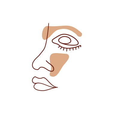 Devamlı çizgi, kadın yüzü çizimi, tek çizgi çizimi. Boho vektör çizimi. Moda konsepti, geometrik karalama ile kadın güzellik minimalisti soyut çiçek unsurları pastel renkler.