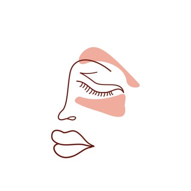 Devamlı çizgi, kadın yüzü çizimi, tek çizgi çizimi. Boho vektör çizimi. Moda konsepti, geometrik karalama ile kadın güzellik minimalisti soyut çiçek unsurları pastel renkler.