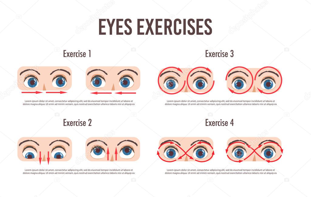 Eye exercise set. Movement for eyes relaxation. Eyeball, eyelash and brow. Looking in various direction. Isolated vector illustration. Eye vision exercise gymnastics. Human eyesight healthcare.