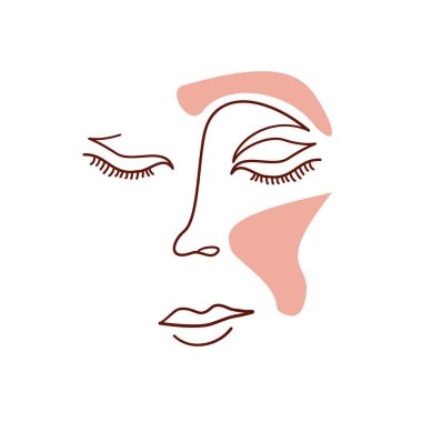 Devamlı çizgi, kadın yüzü çizimi, tek çizgi çizimi. Boho vektör çizimi. Moda konsepti, geometrik karalama ile kadın güzellik minimalisti soyut çiçek unsurları pastel renkler.