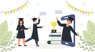 Çevrimiçi mezuniyet töreni, diplomalı mutlu lisans öğrencileri, telefon ekranlarında şapka standı. Karantina sırasında çeşitli gençler sanal kutlama toplantısı düzenliyor