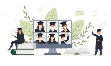 Çevrimiçi mezuniyet töreni, diplomalı mutlu lisans öğrencileri bilgisayar ekranlarında şapka büfesi. Karantina sırasında çeşitli gençler sanal kutlama toplantısı düzenliyor