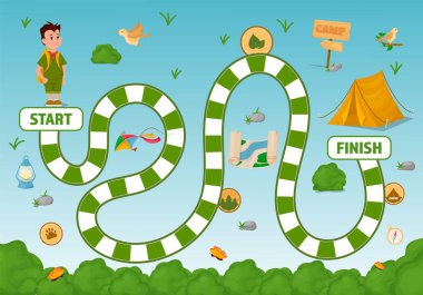 Kamp yolu bloklu bir masa oyunu. Çocuklar için bahar sezonu oyunu. Dice masa oyunu. Strateji takımı harita vektör çizimi. Erken eğitim aktivitesi. Adım adım aile eğlence aktivitesi.