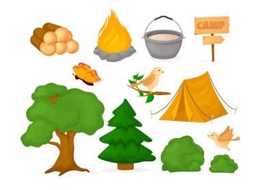 Kamp çocukları yaz kampı vektör illüstrasyonu çocukluk kamp ateşi doğa eğlence boş zaman. Çocuk dağ yürüyüşü turizmi piknik gezisi. İyi tatiller ve kamp malzemeleri..