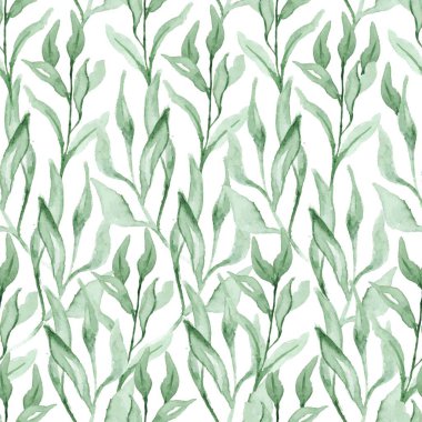 Yeşil yaprakları ve dalları olan dikişsiz suluboya desen. El çizimi yaz tekstil dekorasyonu botanik çiçek çizimi.