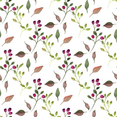 Yeşil yaprakları ve dalları olan dikişsiz suluboya desen. El çizimi yaz tekstil dekorasyonu botanik çiçek çizimi.