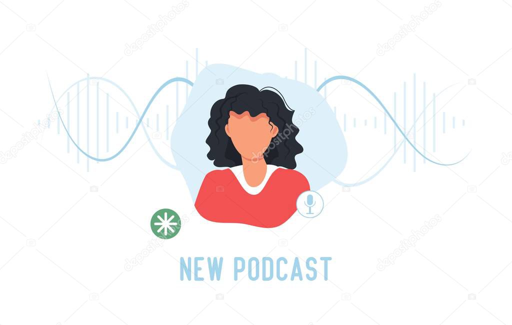 Audio chat conversation in clubhouse app concept. Woman new podcast vector illustration. Voice message in social network. Room with speaker. Wearing headphones and listening to music or podcast.