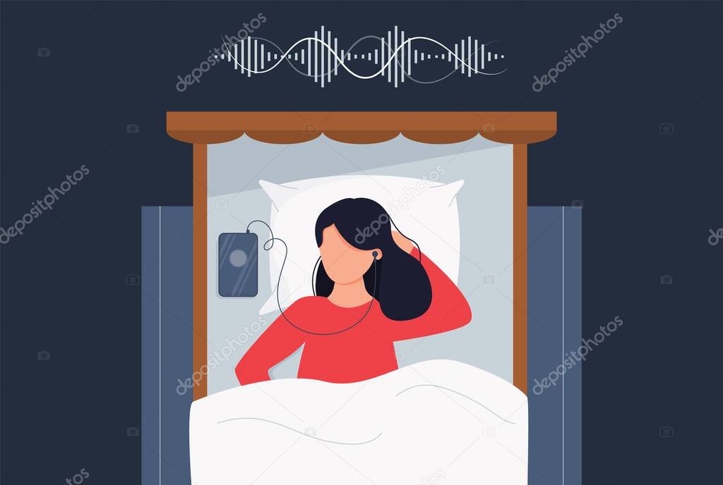 Woman in bed listent audio chat conversation in clubhouse app concept. Voice message in social network. Room with speaker. Wearing headphones and listening to music or podcast. vector illustration