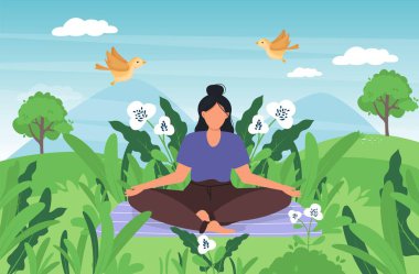 Yoga yapan kadın yeşil çayırda. Park yoga pozu. Sağlıklı spor yapan bir kız. Yazın dışında rahat bir ifade. Yoga yapan güzel bir kadın. Huzurlu poz veriyor. Vektör illüstrasyonu