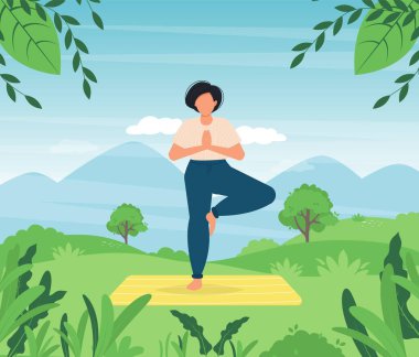 Yoga yapan kadın yeşil çayırda. Park yoga pozu. Sağlıklı spor yapan bir kız. Yazın dışında rahat bir ifade. Yoga yapan güzel bir kadın. Huzurlu poz veriyor. Vektör illüstrasyonu