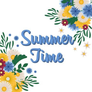 Çiçek Sınırı. Yazın romantik arkaplan çizimi, metin alanı, vektör illüstrasyonu. Yatay ve dikey olarak tekrarlanabilir. Dekoratif Çiçek Doğum günü Buketi.