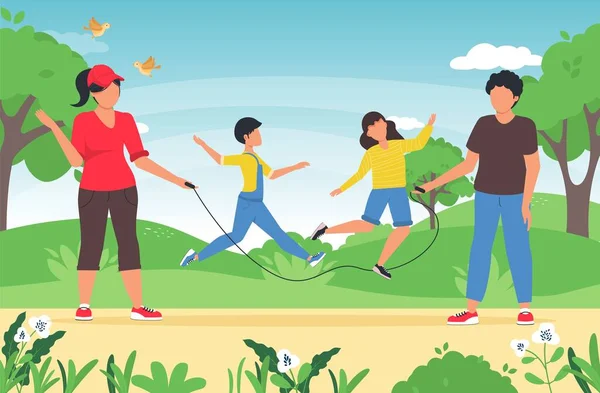 Jeux Activités Été Famille Avec Enfants Heureux Enfants Actifs Sautant — Image vectorielle