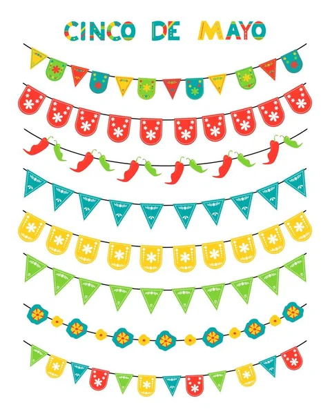 Juego Celebraciones Cinco Mayo Banderas Colores Guirnaldas Bunting Estilo Plano — Vector de stock