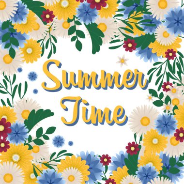 Çiçek Sınırı. Metin alanı ve vektör illüstrasyonlu Romantik Yaz Çiçeği arkaplanı çizimi.