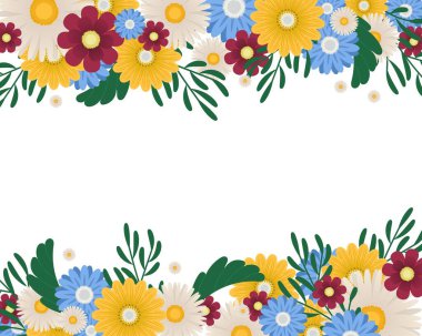 Çiçek Sınırı. Metin alanı ve vektör illüstrasyonlu Romantik Yaz Çiçeği arkaplanı çizimi.