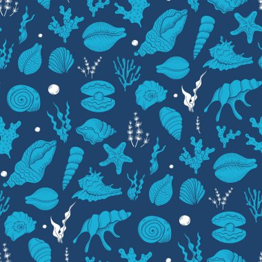 Deniz kabuğu inci çizgisi, kusursuz sanat deseni. Yaz zamanı deniz kabuğu. Vektör el çizilmiş deniz kabuğu. Doğal okyanus kabartması. Su denizinin egzotik hayvanı, Scallop sualtı tropikal midye kabuğu.