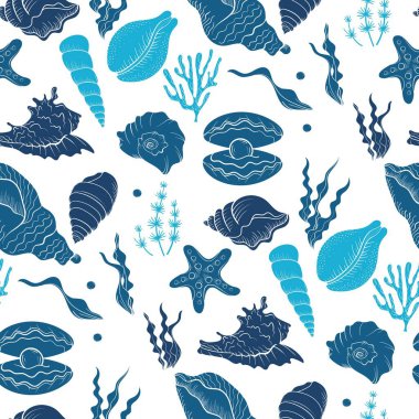 Deniz kabuğu inci çizgisi, kusursuz sanat deseni. Yaz zamanı deniz kabuğu. Vektör el çizilmiş deniz kabuğu.