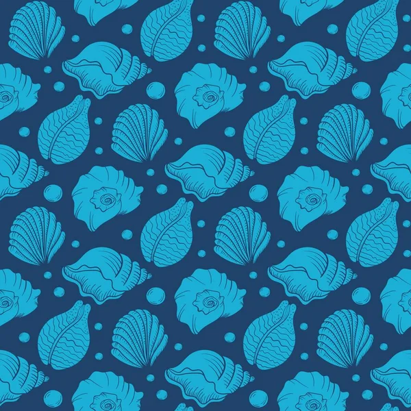 シーシェルパールラインアートシームレスパターン 夏のビーチシェル ベクトル手で貝殻を描いた 自然の海のスケッチ軟体動物 海のエキゾチックな動物 水中の熱帯のカクテルをホタテ — ストックベクタ