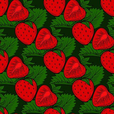 Çilekli, dikişsiz desen. El çizimi vektör illüstrasyonu