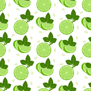 Limonlu, dikişsiz desen. Sulu Et ve Yeşil Yaprak Vektör Seti ile Limonlu Citrus Meyvesi. Organik vejetaryen taze yiyecekler. Tropik sulu narenciye vitamini.