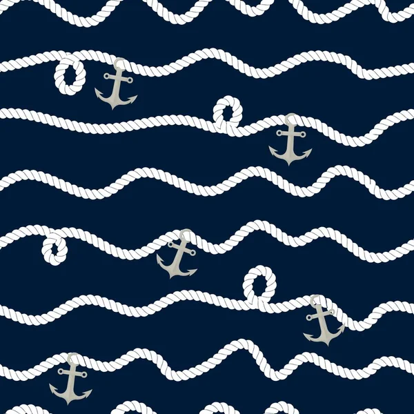 ノーチカルロープシームレスパターン 濃紺の背景にホワイトネットの装飾とマリンノットでエンドレスネイビーのイラスト トレンディーな海洋スタイルの背景 包装用 — ストックベクタ