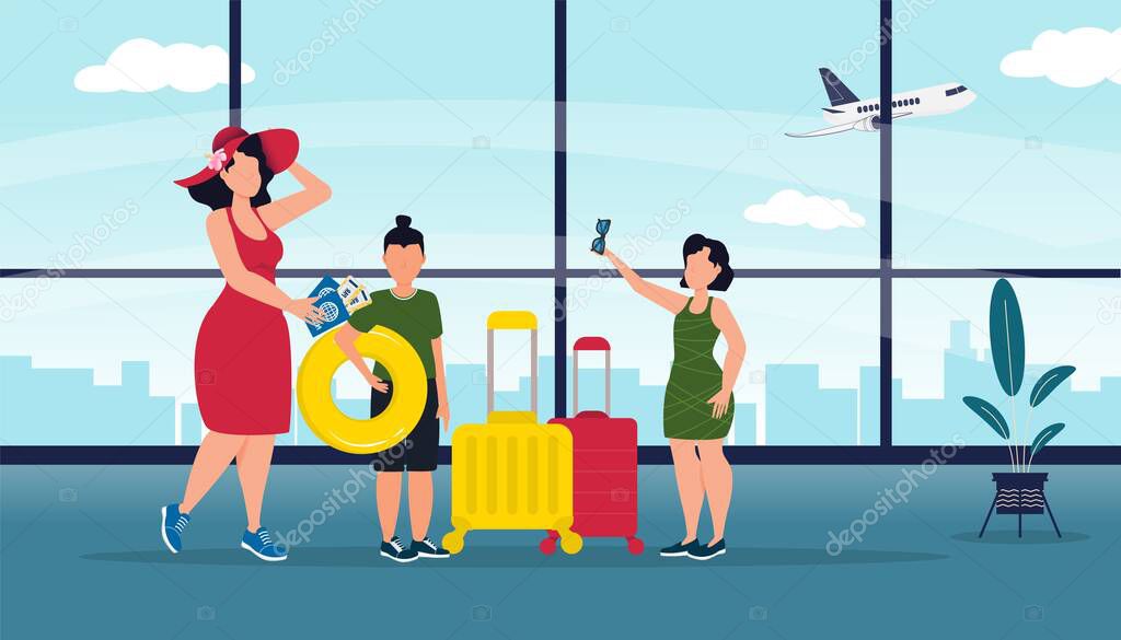 Family with two kids in airport terminal. Vector illustration. Man and woman airport transit. Happy family with two kids going summer vacation. Travel by airplane. Woman, man, boy and girl in airport.