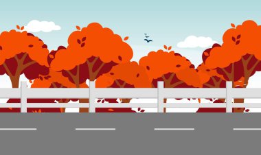 Otoyol sonbahar manzarası. Doğal orman manzarası. Vektör sonbahar yeşillik doğa illüstrasyonu.