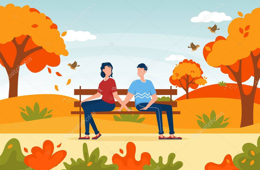 Couple sitting together in autumn park. Couple sitting on bench. Two characters summer time meadow together. Panoramic grass field. Lovers relationship two people. Loving couple on bench.