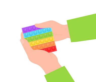 Yeni popüler çocuklar için silikon renkli bir oyuncak. Eller duyusal stres önleyici oyuncaklarla oynar. Patlayan silikon oyuncak. Eğlenceli basit gamzeli oyun gökkuşağı vektör çizimi.