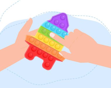 Yeni popüler çocuklar için silikon renkli bir oyuncak. Eller duyusal stres önleyici oyuncaklarla oynar. Patlayan silikon oyuncak. Eğlenceli basit gamzeli oyun gökkuşağı vektör çizimi.