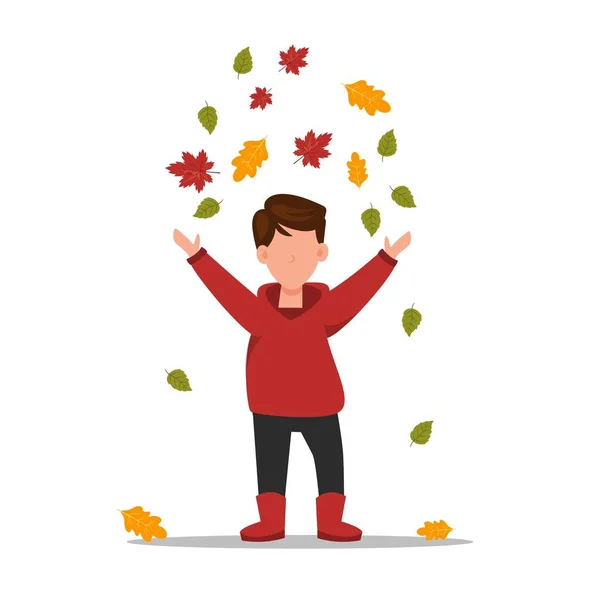 Boy collects leaves. The child runs through the autumn park. — Stock Vector
