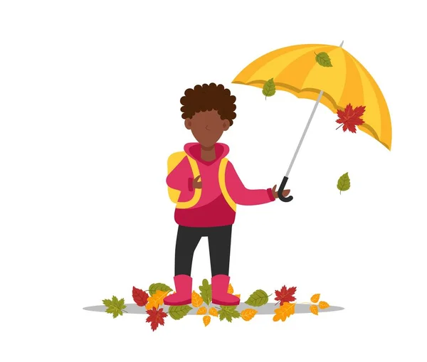 Junge sammelt Blätter. Ein Junge unter einem Regenschirm. Zurück zur Schule. — Stockvektor
