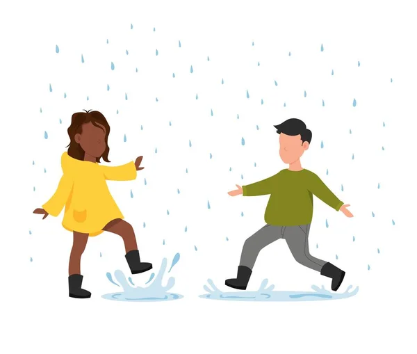 Garçon et fille courent sous la pluie. Activités amusantes d'automne. — Image vectorielle